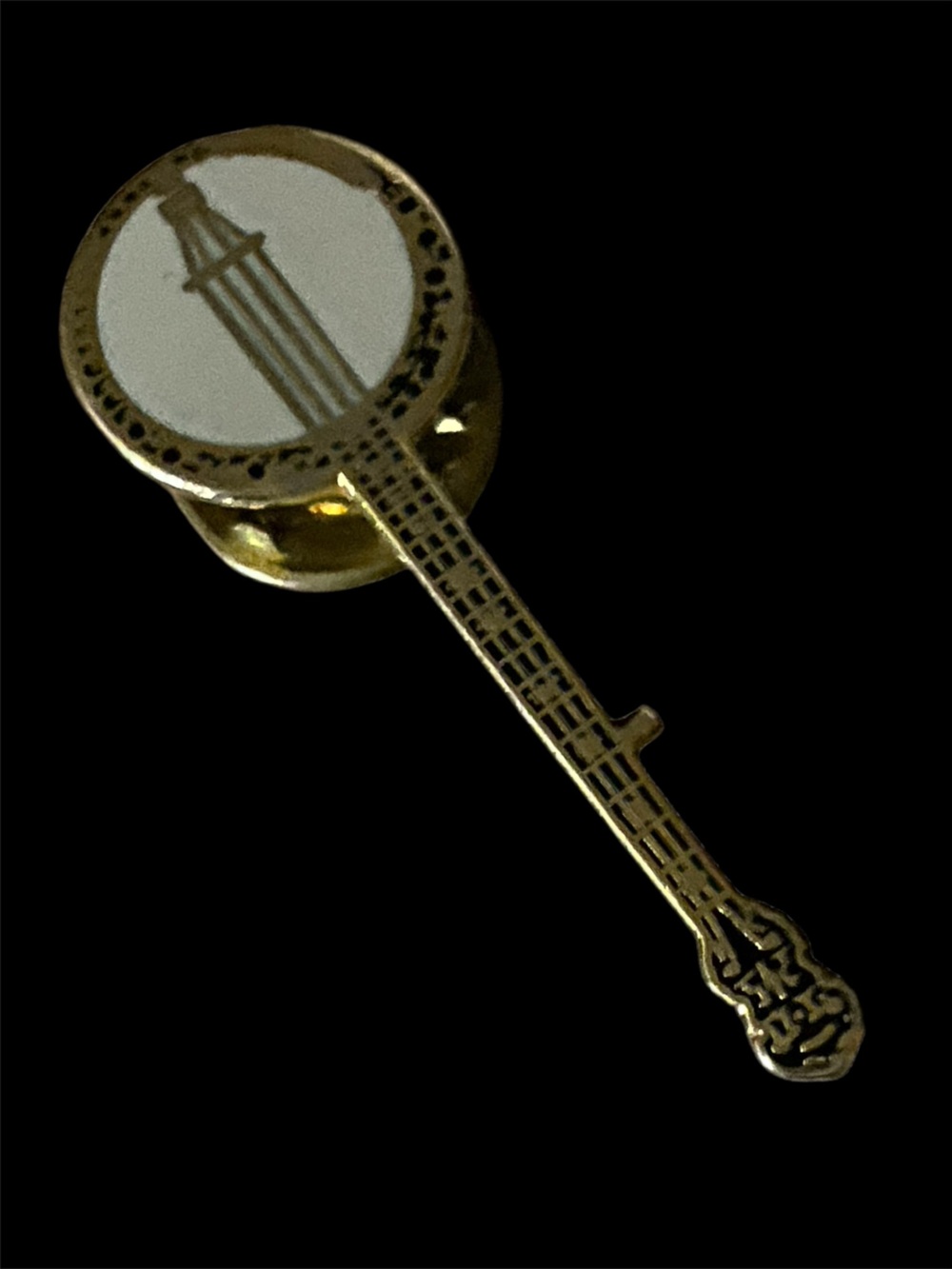 Vintage PAUL C’S Banjo Tie Tack Lapel Pin Brooch Gold Tone Enamel Music 80s
